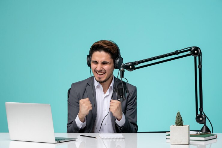 smiling host celebrating a successful live stream with audience reactions overlayed