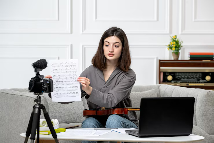 host practicing in front of camera with notes visible
